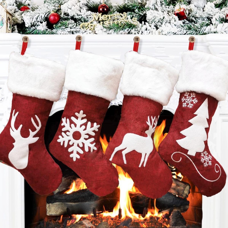 Embroidery Xmas Stocking - Красный Санта-Челок Лось Снежинка Подарочные пакеты