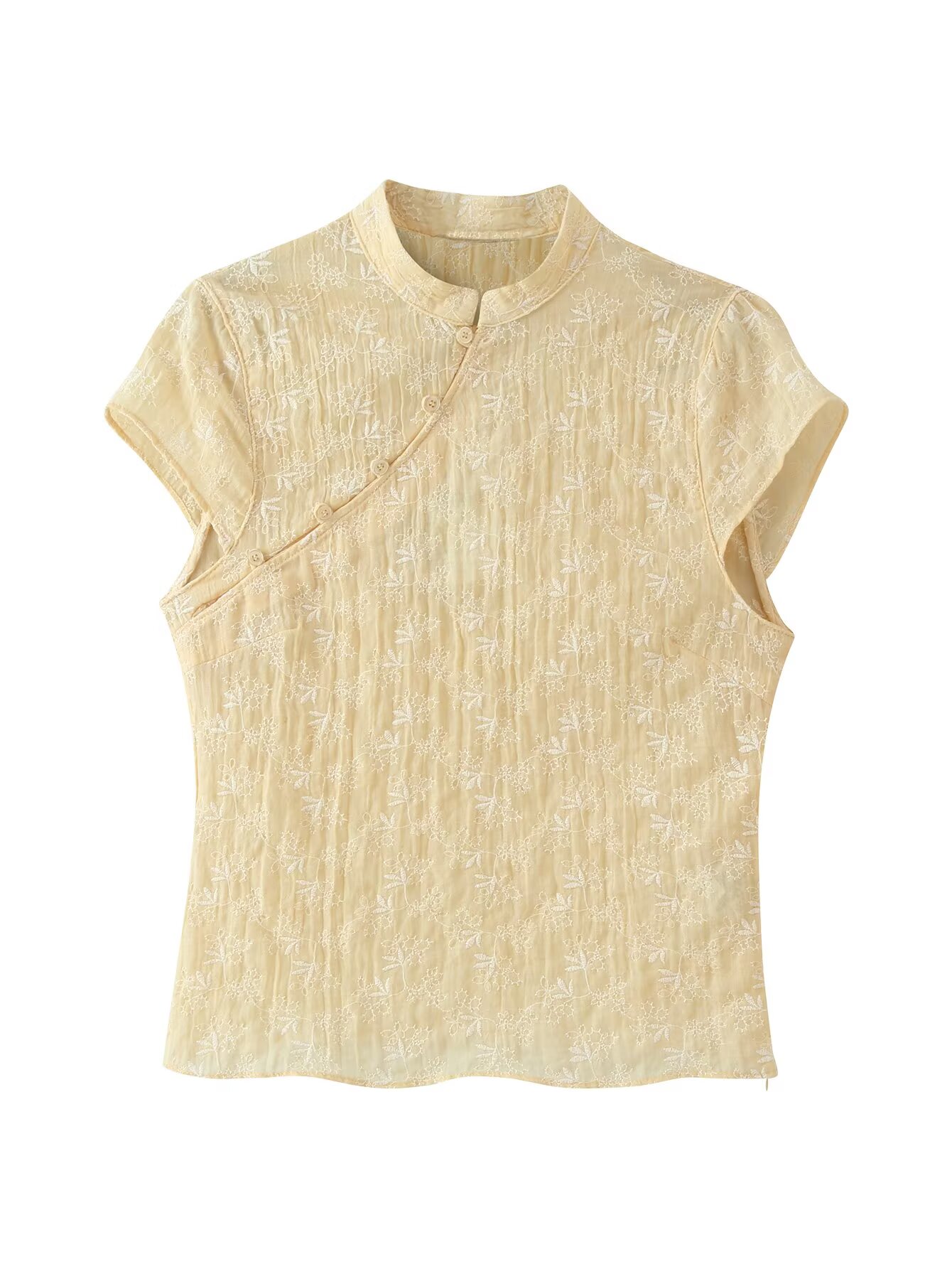 Embroidery Yellow - Женская желтая блузка-ципао с цветочной вышивкой,