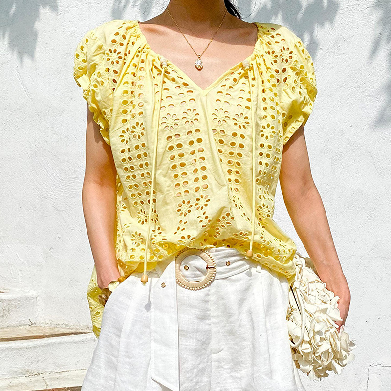 Embroidery Yellow - Элегантная шикарная блузка во французском стиле,
